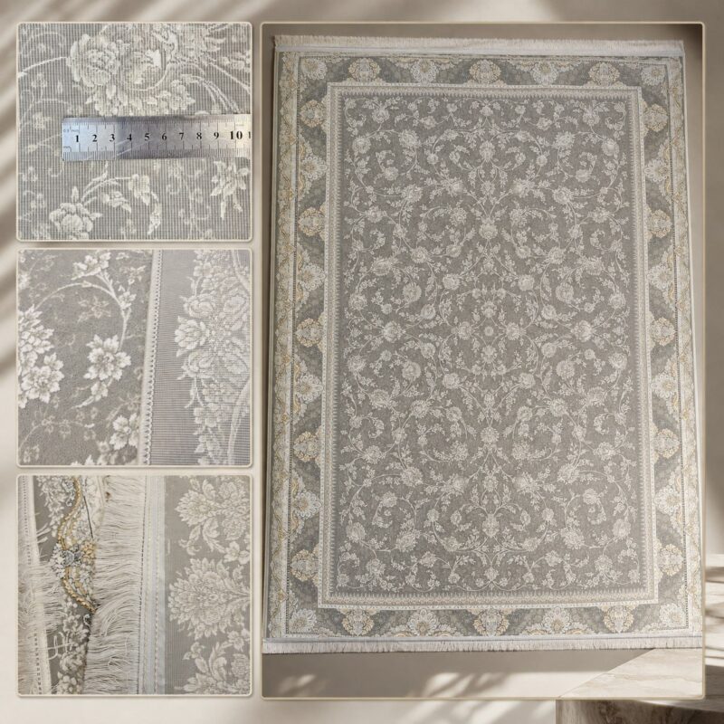 فرش ماشینی تندیس ماندگار ۱۲۰۰ شانه تراکم ۳۶۰۰ طرح افشان طوسی کرم ۶ متری – کد 80501